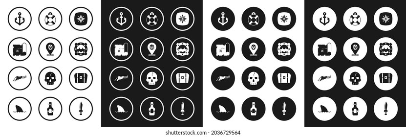 Set Wind rose, Location pirate, Pirate treasure map, Anchor, Ship porthole with sea cape, Lifebuoy, Antique pecho y Vintage pistol icon. Vector