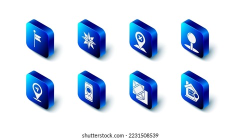 Set Wind rose, Location, Push pin, with house, Folded map, City navigation,  and marker icon. Vector