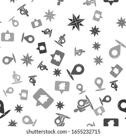 Set Wind rose, Map marker with a silhouette of a person, Map pin and Map pointer with house on seamless pattern. Vector