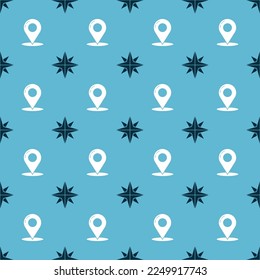 Set Wind rose and Map pin on seamless pattern. Vector
