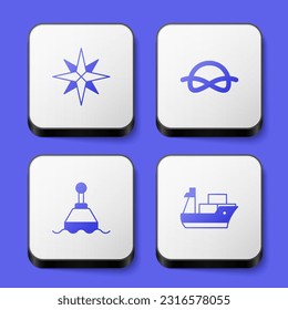 Set Wind Rose, Nautical Seil Knoten, Floating Boy und Cargo Schiff Symbol. Weißer Quadrat-Knopf. Vektorgrafik