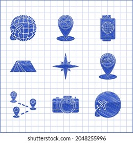 Set Wind rose, Photo camera, Globe with flying plane, Map pointer Egypt pyramids, Route location, Tourist tent, Passport ticket and  icon. Vector