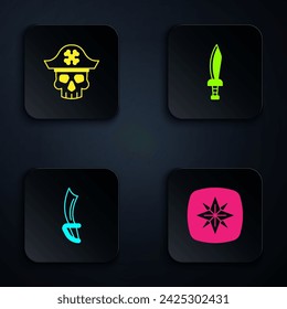 Set Rosa de viento, capitán pirata, espada y . Botón cuadrado negro. Vector