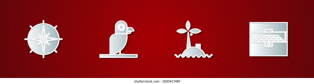Set Wind rose, Pirate parrot, Tropical island ocean and Antique treasure chest icon. Vector.