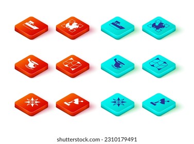 Set Wind rose, Radar, Helicopter, Folded map, World globe with compass and Ship line path icon. Vector