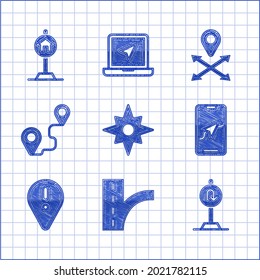 Set Wind rose, Road traffic sign, Turn back road, City map navigation, Location with exclamation mark, Route location,  and Hotel for icon. Vector