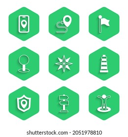 Set Wind rose, Road traffic sign, Location with person, Lighthouse, shield, Push pin, marker and City map navigation icon. Vector