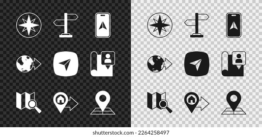 Set Wind rose, Road traffic sign, City map navigation, Search location, Location with house, Folded marker, the globe and  icon. Vector
