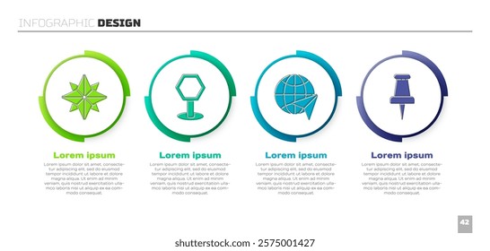 Set Wind rose, Road traffic sign, Globe with flying plane and Push pin. Business infographic template. Vector