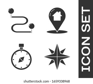 Set Wind rose, Route location, Compass and Map pointer with house icon. Vector
