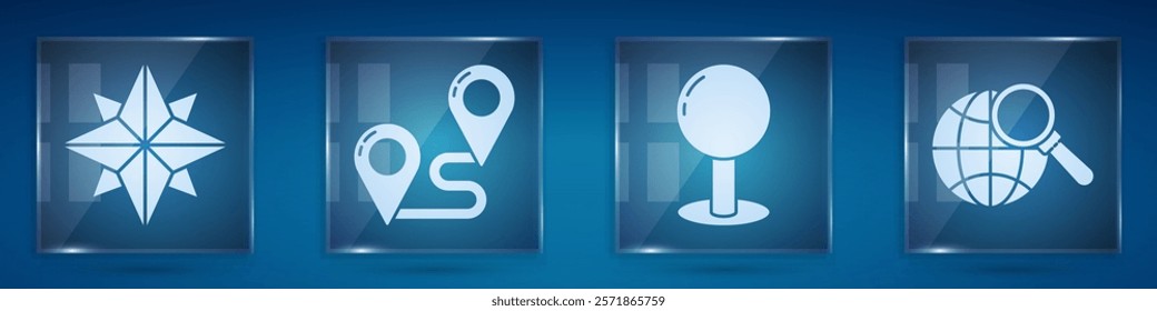Set Wind rose, Route location, Push pin and Magnifying glass with globe. Square glass panels. Vector