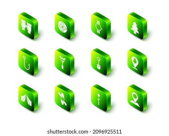 Set Wind rose, Smartwatch, Forest, Location of the forest, Shovel, Marshmallow stick and Kayak canoe icon. Vector