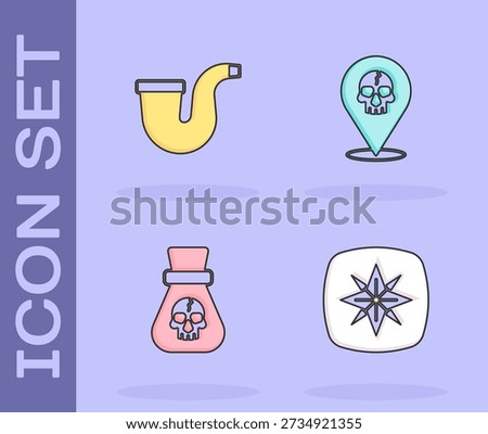 Set Wind rose, Smoking pipe, Pirate coin and Location pirate icon. Vector