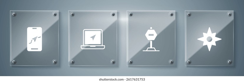 Set Wind rose, Stop sign, Laptop with location marker and City map navigation. Square glass panels. Vector
