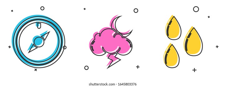 Set Wind rose, Storm and Water drop icon. Vector