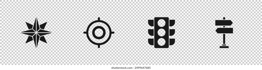 Set Rosa de viento, deporte objetivo, semáforo e icono de señal de tráfico vial. Vector