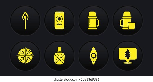 Set Wind rose, Thermos container and cup, Canteen water bottle, Kayak or canoe, City map navigation, Location of the forest and Burning match with fire icon. Vector