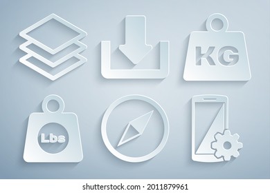 Set Wind rose, Weight, pounds, Setting on smartphone, Download and Layers icon. Vector
