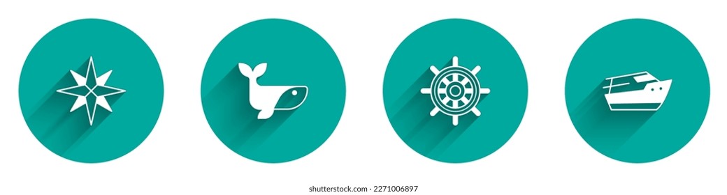 Set Wind rose, Whale, Ship steering wheel and Speedboat icon with long shadow. Vector