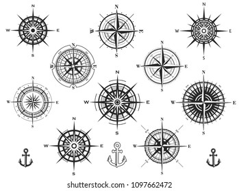 Set of wind roses silhouettes on white background. Compass vector illustrations.