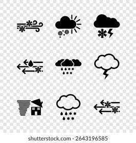 Set Wind and snow, Cloudy with, lightning, Tornado swirl, rain,  and  icon. Vector
