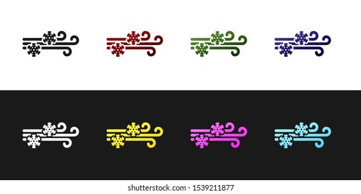 Set Wind and snow icon isolated on black and white background. Windy weather.  Vector Illustration