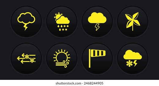 Set Wind and snow, Pinwheel, sun, Cone windsock wind vane, Storm, Cloud with rain,, lightning and  icon. Vector
