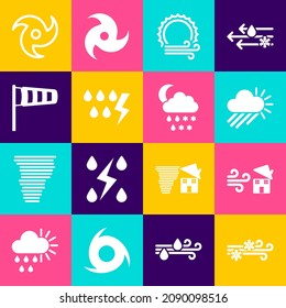 Poner viento y nieve, tornado giratorio, nublado con sol de lluvia, tormenta, meteorología de Cone vane de viento y lluvia, icono de luna. Vector