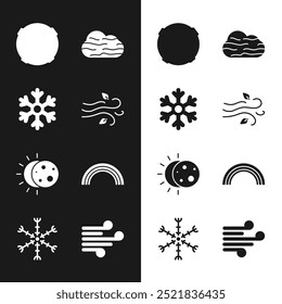 Conjunto de viento, copo de nieve, luna, niebla y nube, eclipse de sol, arco iris e icono. Vector