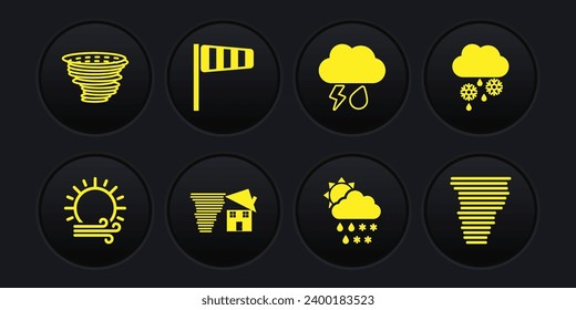 Set Wind and sun, Cloud with snow rain, Tornado swirl, snow,, lightning, Cone windsock wind vane,  and  icon. Vector