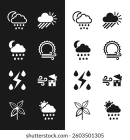 Set Wind and sun, Cloud with snow, rain, moon, Cloudy, Storm, Tornado swirl,  and Pinwheel icon. Vector