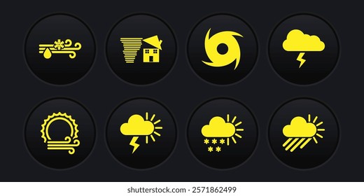 Set Wind and sun, Storm, Cloudy with snow, Tornado, swirl, rain and  icon. Vector