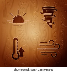 Set Wind, Sunrise, Thermometer and Tornado on wooden background. Vector