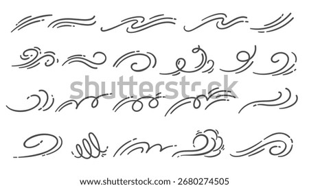 Set of wind swirl doodle elements. Curved, wavy, spiral, and flowing air lines in cartoon doodle style. Multiple wind, breeze, gust shapes. Suitable for design, weather, decor. Vector illustration.