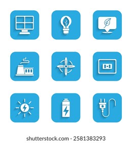 Set Wind turbine, Battery, Electric plug, Electrical outlet, Solar energy panel, Factory, Location with leaf and  icon. Vector