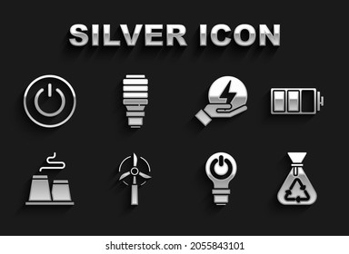 Set Wind turbine, Battery, Garbage bag with recycle, Light bulb lightning, Factory, Lightning bolt, Power button and LED icon. Vector