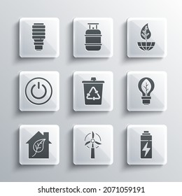 Set Wind turbine, Battery, Light bulb with leaf, Recycle recycle, Eco friendly house, Power button, LED light and Earth globe and icon. Vector