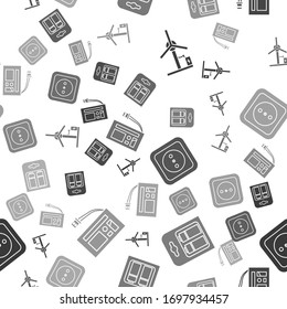 Set Wind turbine, Battery in pack, Electrical outlet and Battery on seamless pattern. Vector