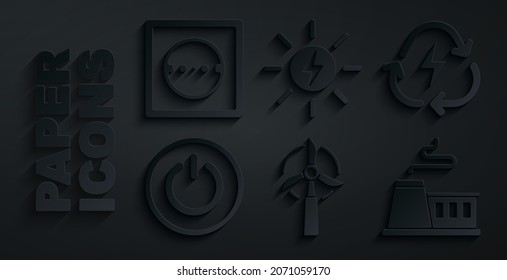 Set Wind turbine, Battery with recycle, Power button, Factory, Solar energy panel and Electrical outlet icon. Vector