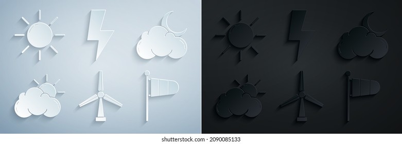 Monte turbina eólica, Nube con luna y estrellas, clima de nubes de sol, velo de viento de soplo de meteorología de Cone, relámpago y icono. Vector