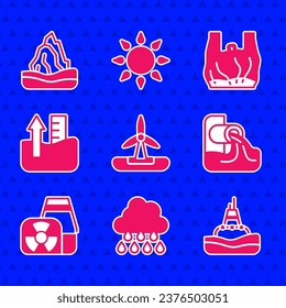 Set Wind turbine, Cloud with rain, Floating buoy on the sea, Wastewater, Nuclear power plant, Rise level, Say no to plastic bags poster and Iceberg icon. Vector