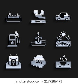 Set Wind turbine, CO2 emissions cloud, Iceberg, Drought, Polar bear head, Petrol or gas station, Car and Oil tanker ship icon. Vector