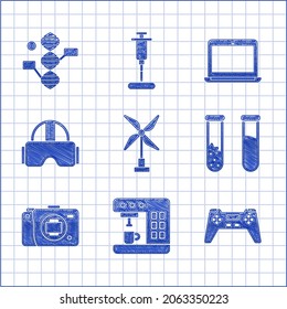 Set Wind turbine, Coffee machine, Gamepad, Test tube and flask, Mirrorless camera, Virtual reality glasses, Laptop and DNA symbol icon. Vector