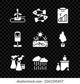 Set Wind turbine, Dead fish, Global warming, Smoke from factory, Cloud with rain, Full dustbin, Trash can and Drought icon. Vector