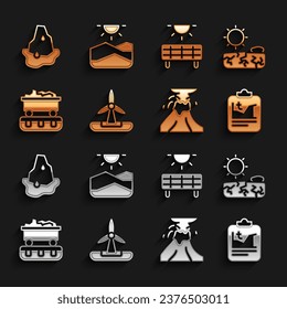 Set Wind turbine, Drought, Global warming, Volcano eruption with lava, Coal train wagon, Solar energy panel, Glacier melting and  icon. Vector