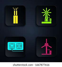 Set Wind turbine, Electric cable, Electrical outlet and Wind turbine. Black square button. Vector