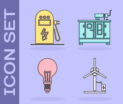 Set Wind Turbine, Electric Car Charging Station, Light Bulb With Concept Of Idea And Diesel Power Generator Icon. Vector