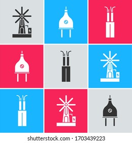 Set Wind turbine, Electric plug and Electric cable icon. Vector