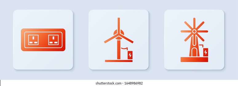 Windturbine, elektrische Steckdose und Windturbine. Weißer Quadrat-Knopf. Vektorillustration