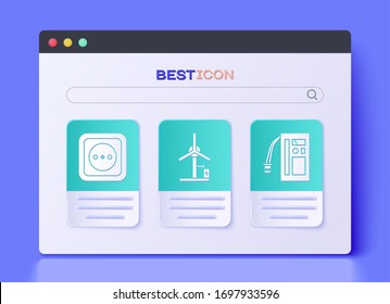 Set Wind turbine, Electrical outlet and Battery icon. Vector